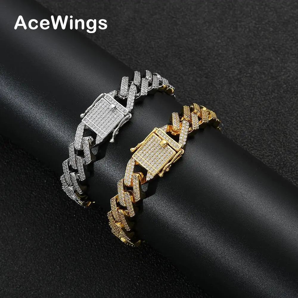 BB010 13mm 7inch 8inch Geometric Gold Plated Brass Cuban Bracelet Chain Hip Hop Iced Out Bling Bling Micro Pave Jewelry