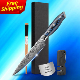 Free Shipping SkyCook 5 Inch Damascus Steel Steak Knife Set 6pcs with Blue G10 Mosaic Pin Handle Free logo