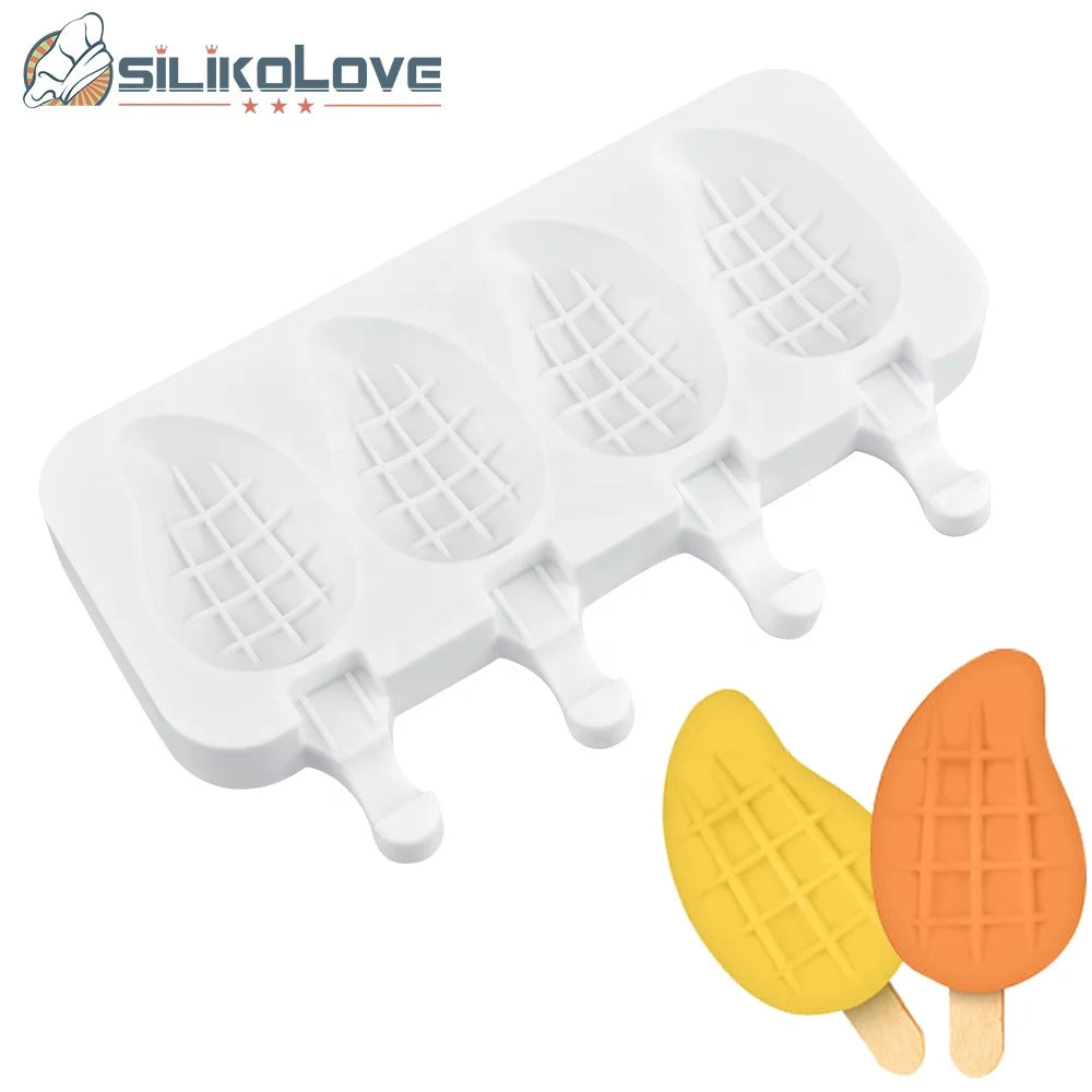 SILIKOLOVE  4 Cavity mango Shape Ice Cream Mold Silicone Popsicle Mold DIY Homemade Ice Pop Mould