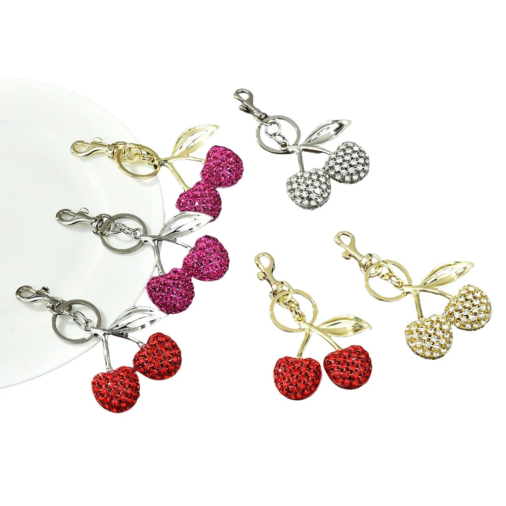 Sparkling Luxury Diamond Delicious Cherry Keychain Fruits Cherries Key Chains Pendant for Women Men Jewelry Bag Accessories Gift