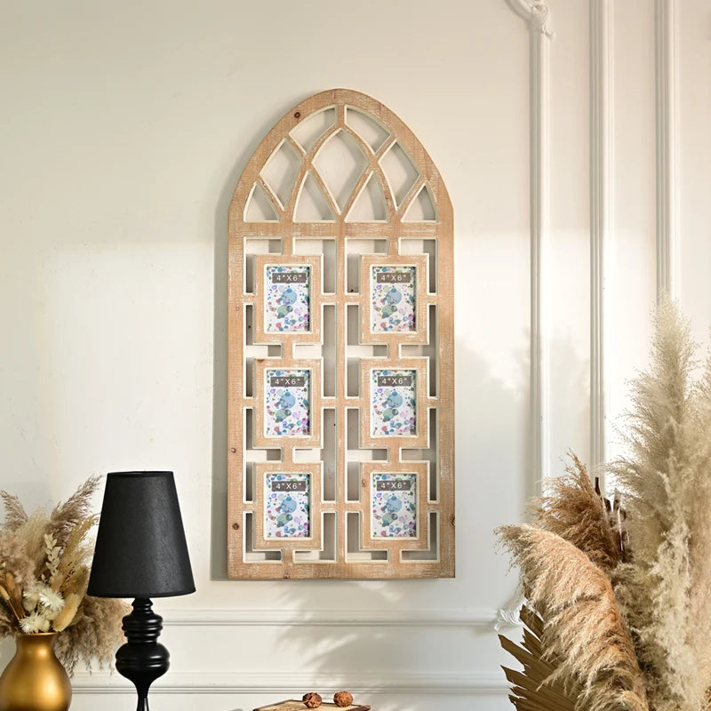 Rustic White-Washed Wood MDF Photo Frames Six 4x6 Wall Picture Frames with Iron Window Arch Cathedral Collage Home Living Space