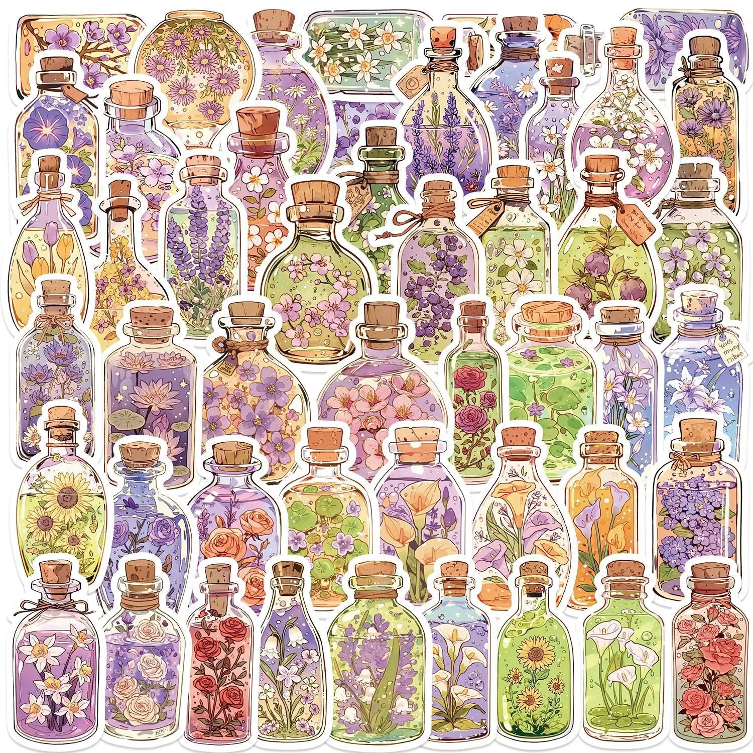 50 Pcs Flowers in a Glass Bottle PVC Self Adhesive Stickers for Draw bar Box Skateboard Phone Case Guitar and Books.