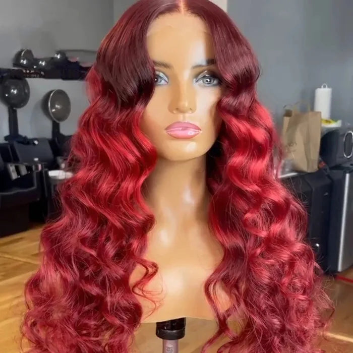 New Design Ombre Rose Red Color Loose Curly Wave Cuticle Aligned Human Hair Lace Front Wigs
