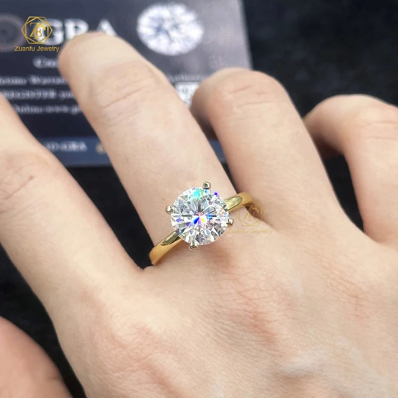 Dropshipping Simple 4 Claw Engagement Ring 14K 18K Solid Yellow Gold 3CT 9MM 3.5CT 9.5MM Solitaire Round Moissanite Wedding Ring