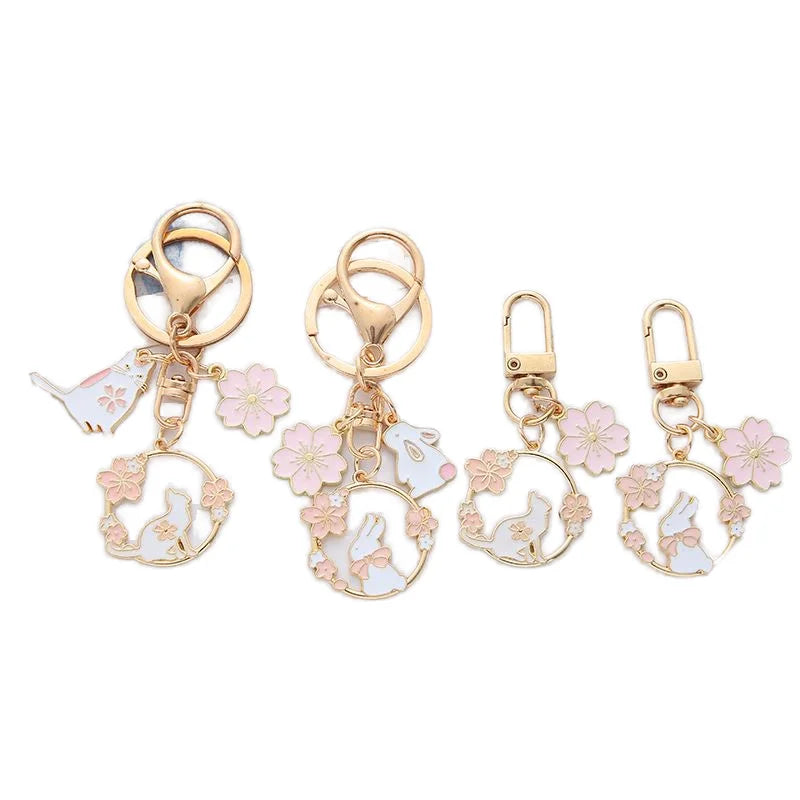 Cute Cherry Blossom Rabbit Wreath Metal Keychain with Custom Logo Bag & Car Pendant for Personalization
