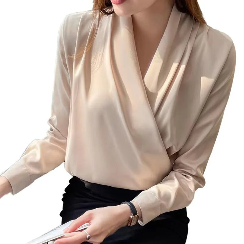 RNSHANGER New Long-sleeved Women Shirt Casual Women's Design Fashion V-neck Shirt Elegant Lady Solid Color Work Chiffon Shirt