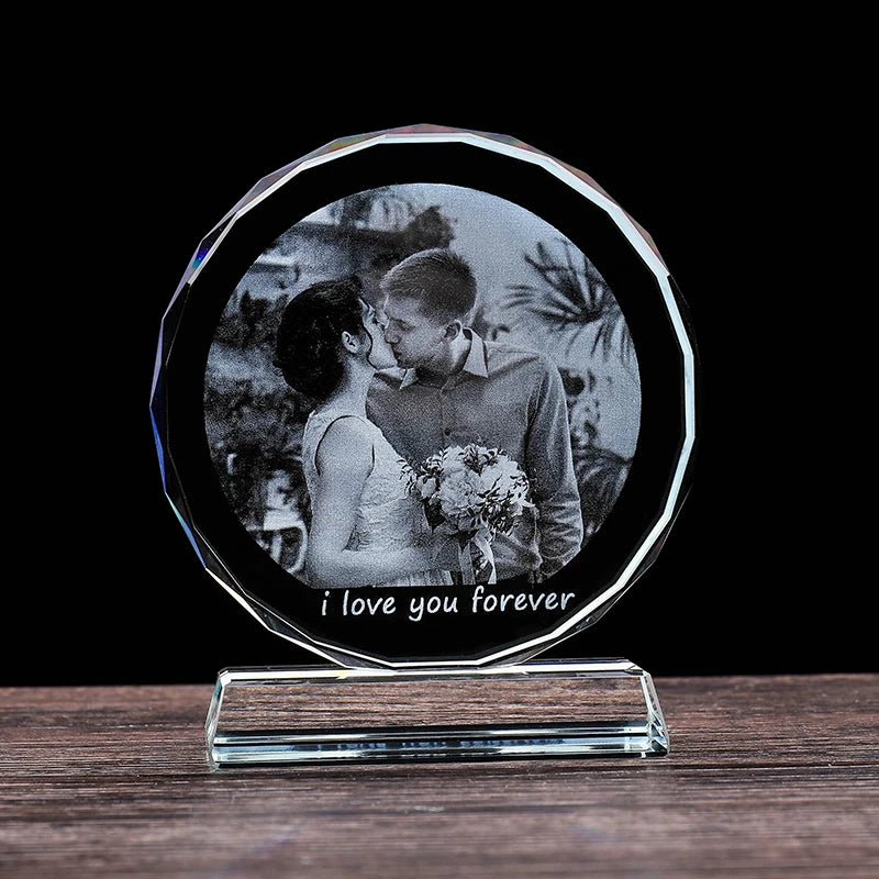 Personalized Round Crystal Photo Frame 2D Laser Engraved Glass Pictures Gifts for Wedding Anniversary Birthday