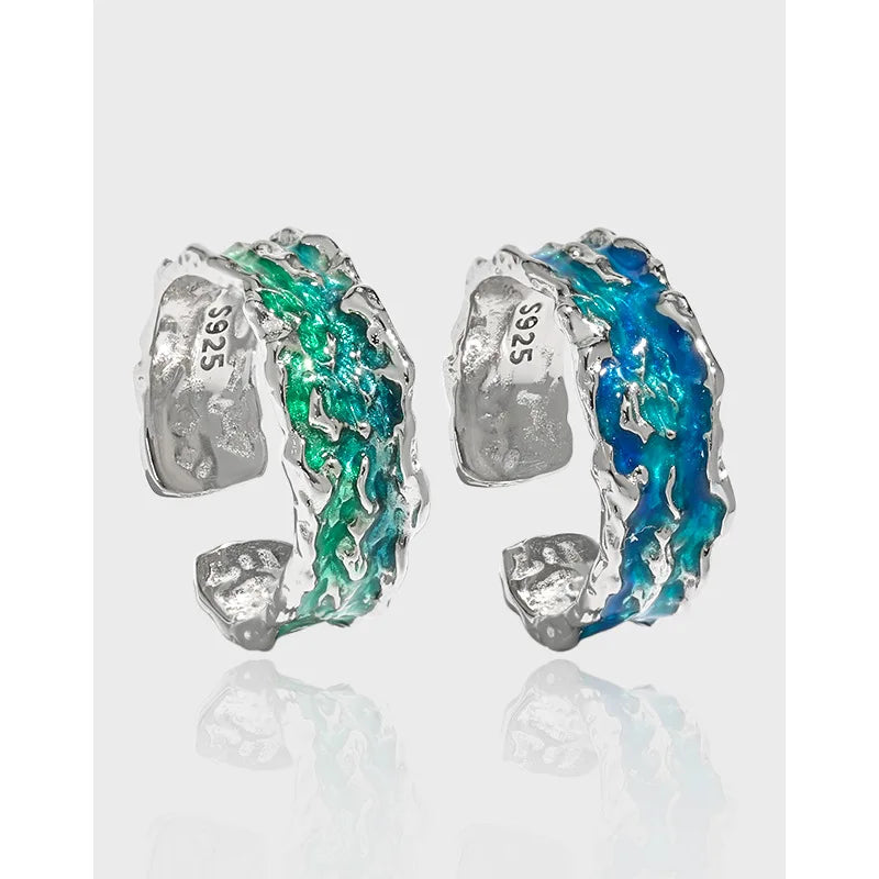 Irregular Geometric Sterling Silver Ring S925 Green Blue Enamel Glazed Opening Ring for Women Girls