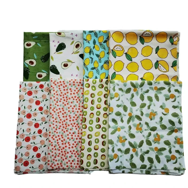 8pcs Mixed Colors Fruits Patterns Printed Woven Cotton Cloth Eco-Friendly Durable Patchwork Fabric Squares Bundles Home Hand