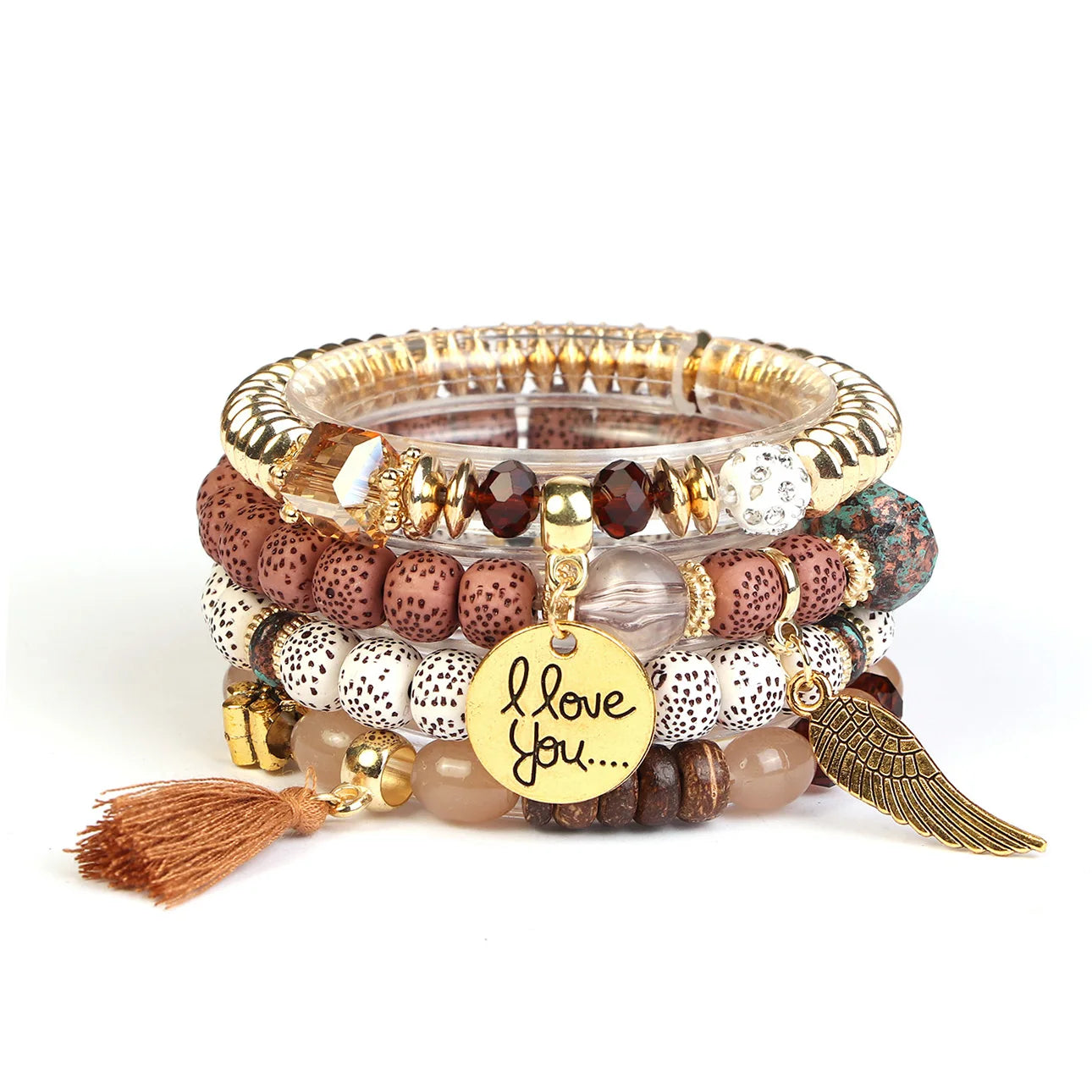 Wholesale Bohemian Tassel Wing Pendant Multi Layered Beaded Couple Bracelet Set for Christmas Birthday Gift