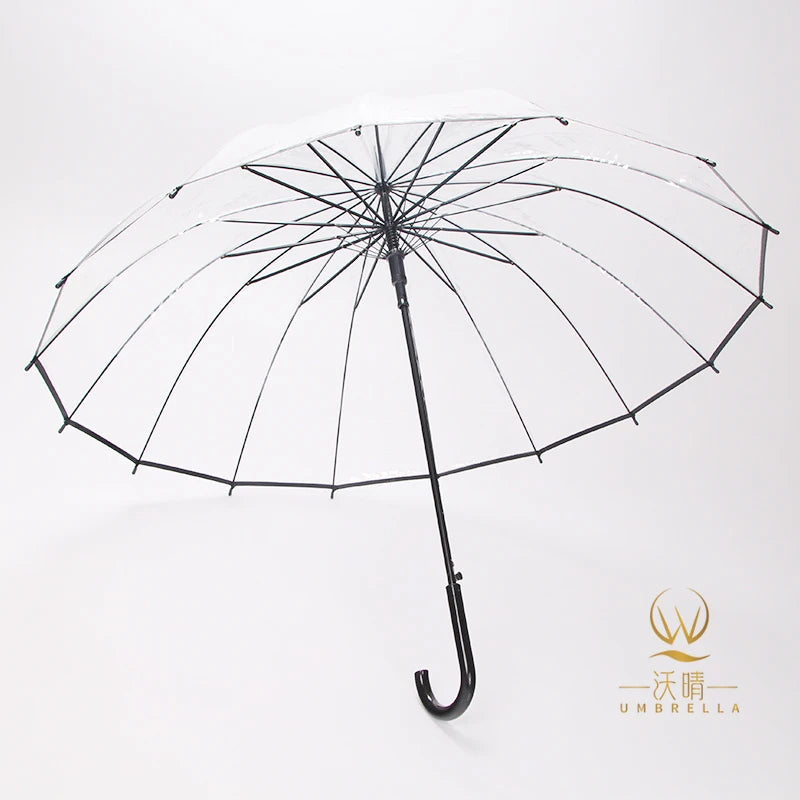 Hot Sale 16-Bone Automatic POE Clear PVC Umbrella New Design Cute Household Travel Folding Umbrella Plastic Handle Metal Frame