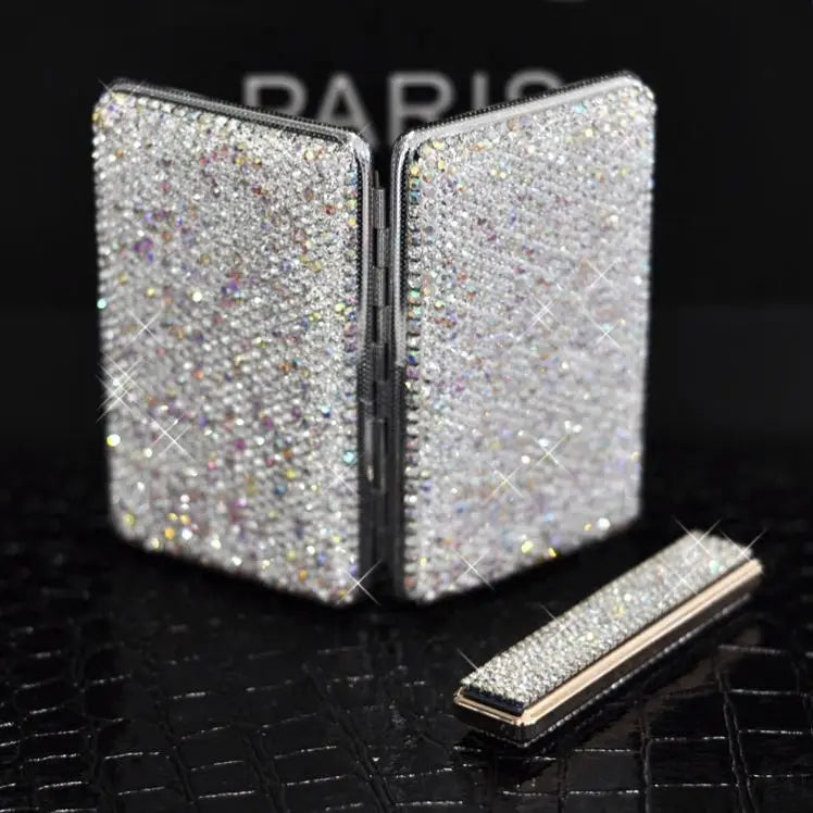 EA003 Thin Shiny Rhinestone Cigarettes Holder Holds 20 Regular Cigarettes Bling Diamond Cigarette case with Lighter