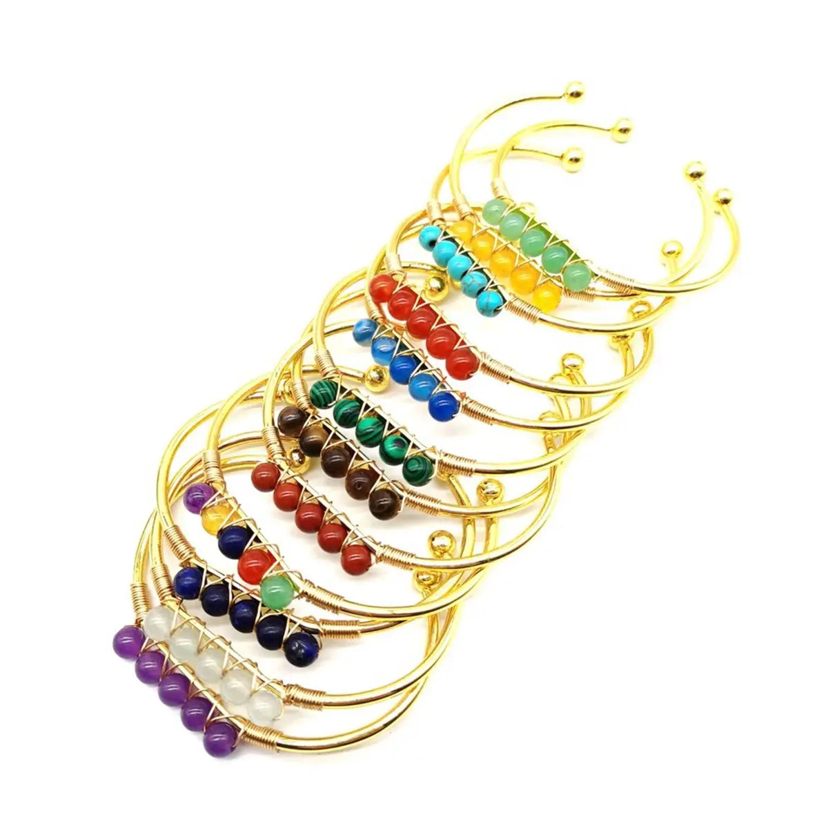 Handmade Fashion Bangle Natural Crystal Smooth Beads with Adjustable Gold Open Cuff Bracelet Wrapped in Copper Wire