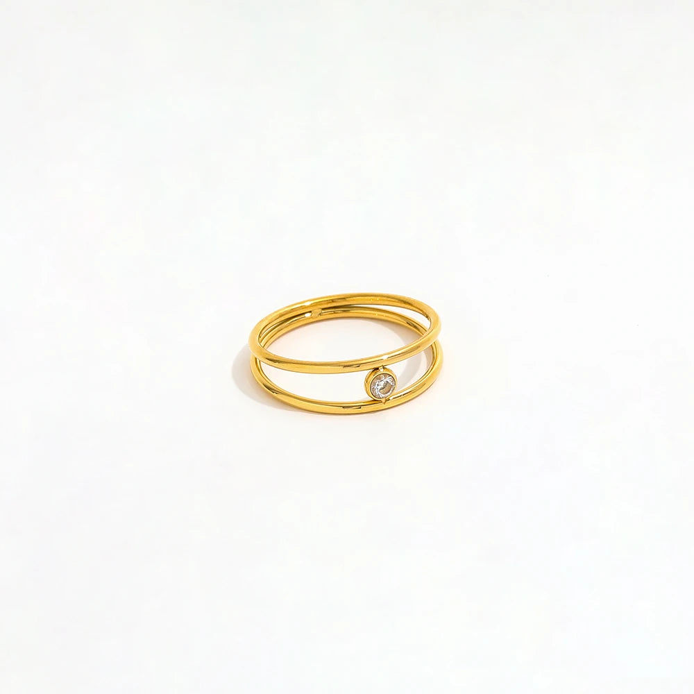 High End 18K PVD Gold Plated Double Layer Mini Zirconia Ring Stainless Steel Women Ring Tarnish Free Fashion Jewelry
