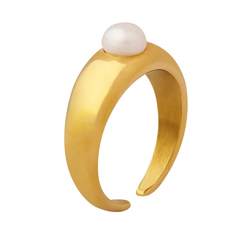 Titanium 316l Stainless Steel Gold 18k Plated Open Cuff Freshwater Pearl Bead Finger Ring Jewelry Luxury Rings
