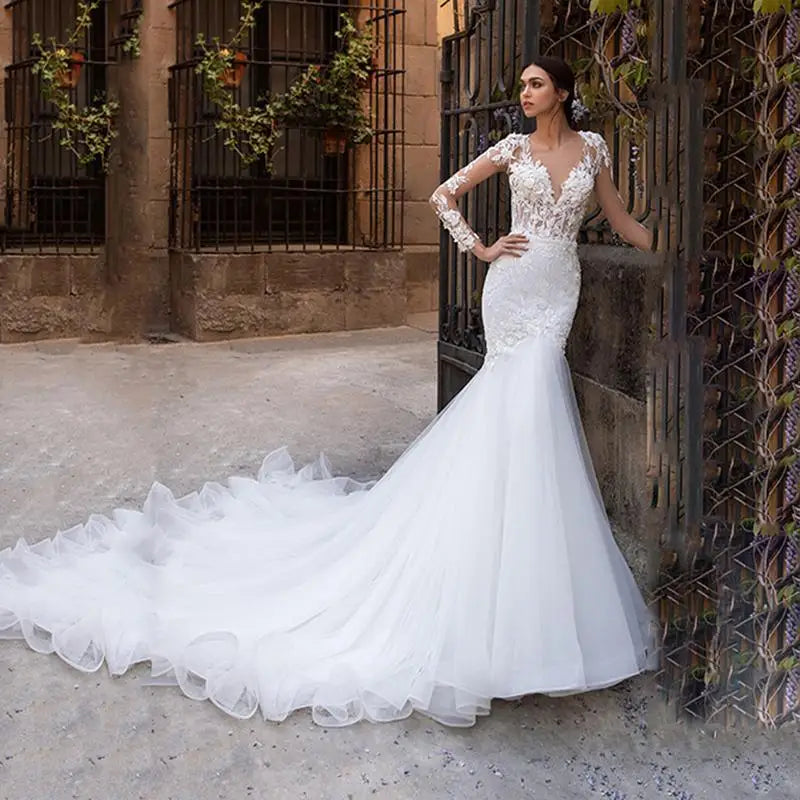 Retro Full Lace Wedding Dresses 2026 Long Sleeves Sweep Train Bridal Gowns Elegant V Neck Covered Button Robe Designer
