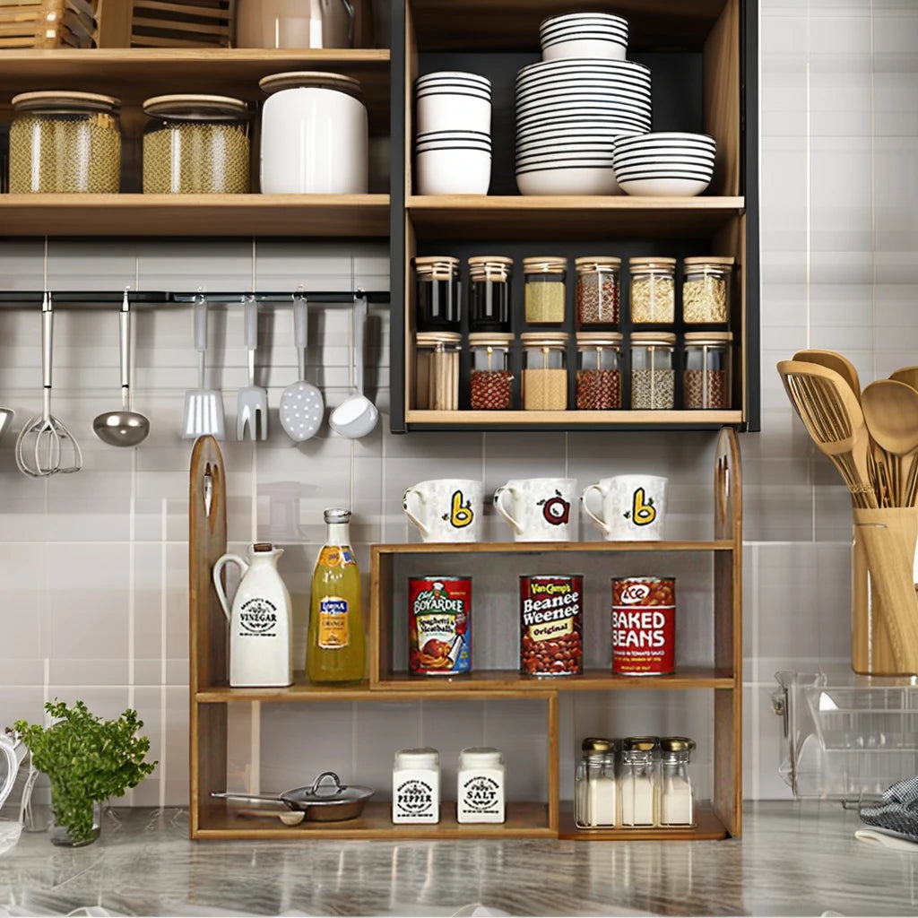 Double-Tier Solid Wood Desktop Storage Rack Wall-Mountable Non-folding Kitchen Organizer for Holder Home Use
