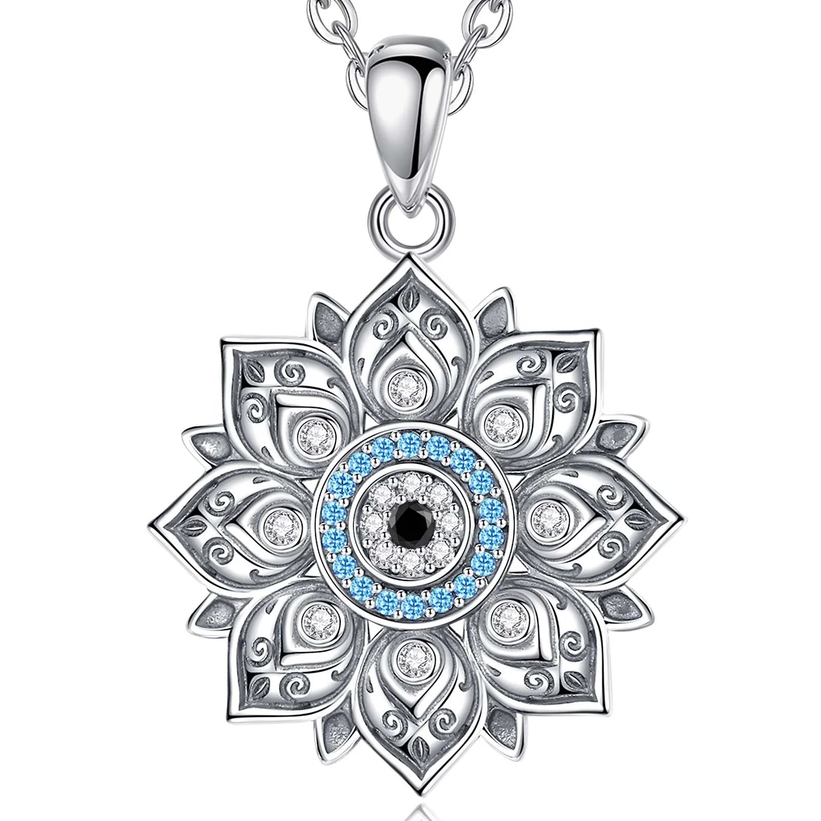 Vintage 925 Sterling Silver Evil Flower Design Jewelry Devil Eye Pendant Necklace for Men or Women