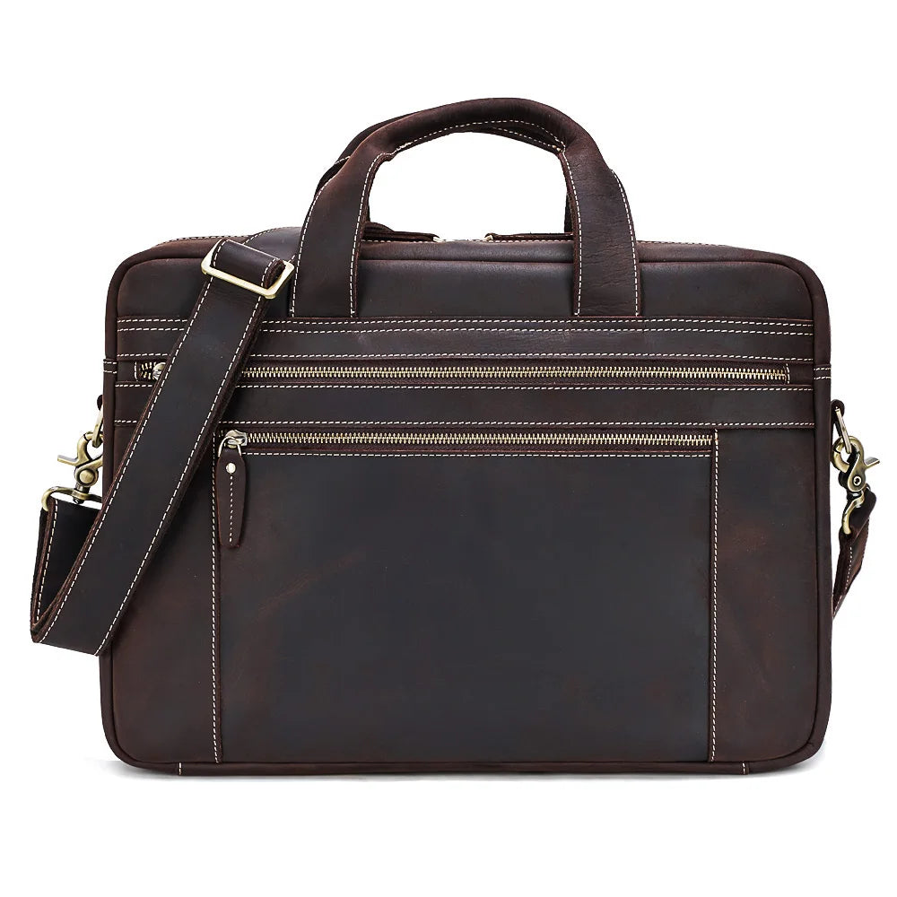High Quality Men's Vintage Design Dark Brown Genuine Crazy Horse Leather Soft Messenger Bag Laptop Briefcase Business Zipper