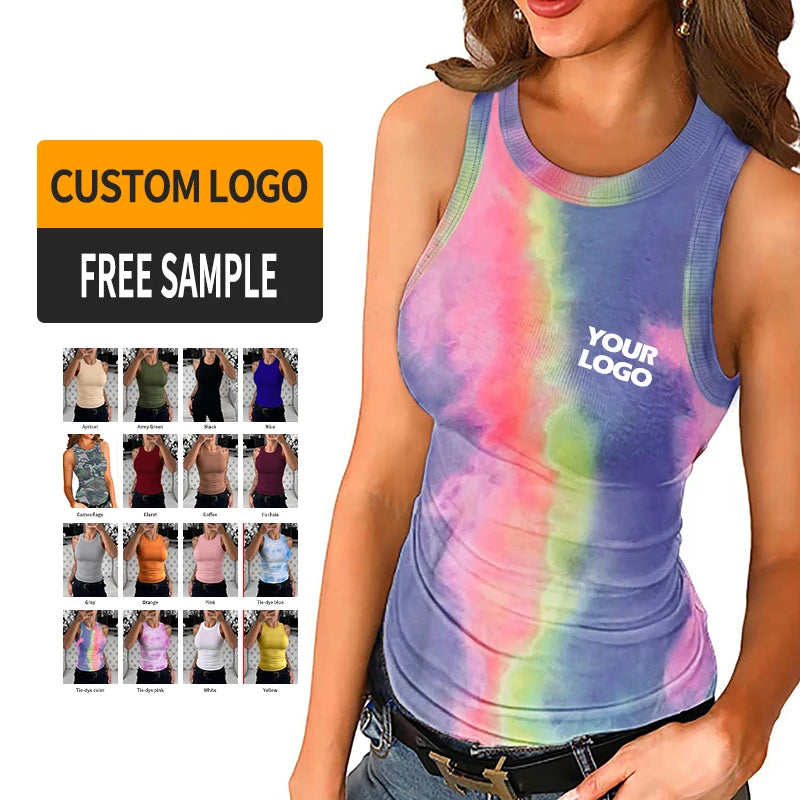 Women's Custom Pattern Print Sleeveless Tank Tops Breathable Summer Gym Crop Vest with Ribbed Design Casual Workout Top