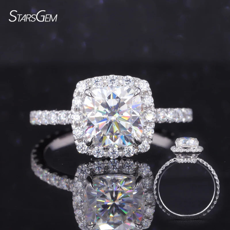 Starsgem Women Halo Style Rings 14K White Gold 2CT D VVS Cushion Cut Moissanite Gemstone Engagement Rings