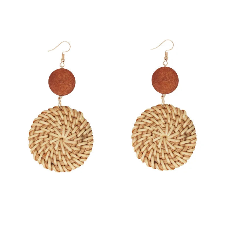 HOVANCI Vintage Geometric Circle Wood Braided Bamboo Earrings Handmade Rattan-weaved Wood Hook Drop Earrings