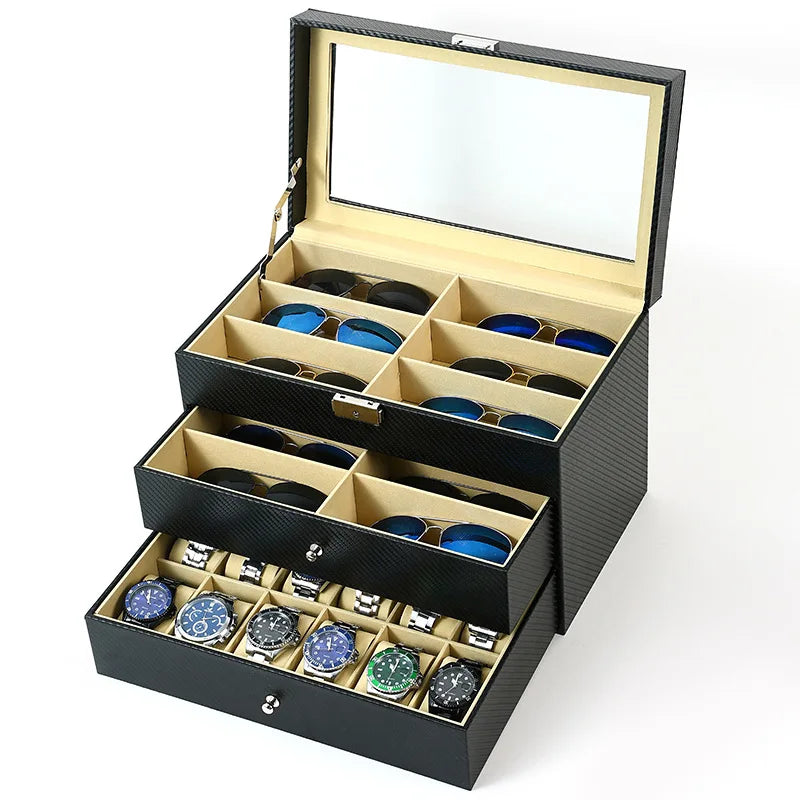 Leather 12 Piece Eyeglasses and 12 Watches Storage and Glasses Display Drawer Lockable Case Organizer