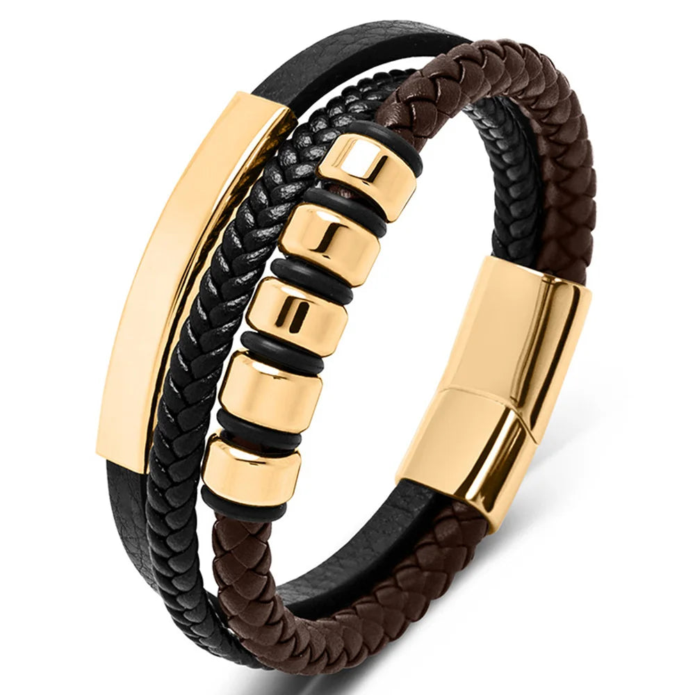 2024 Vintage Multilayer Brown Genuine Leather Men Bracelet Stone Bead Bracelet Stainless Steel Jewelry Male Wrist Bangle Gift