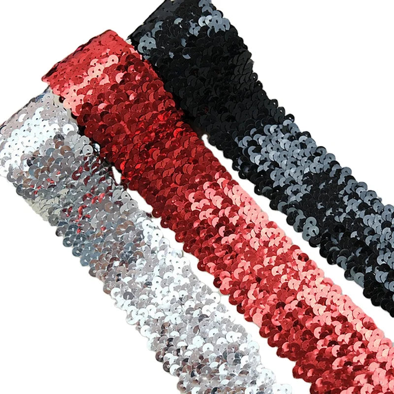 5cm Sequined Elastic Stretch Lace Trim Full With Pvc Sequins 5-Rows Gold Silver Black Diy Costume Performance Dancewear Trimming
