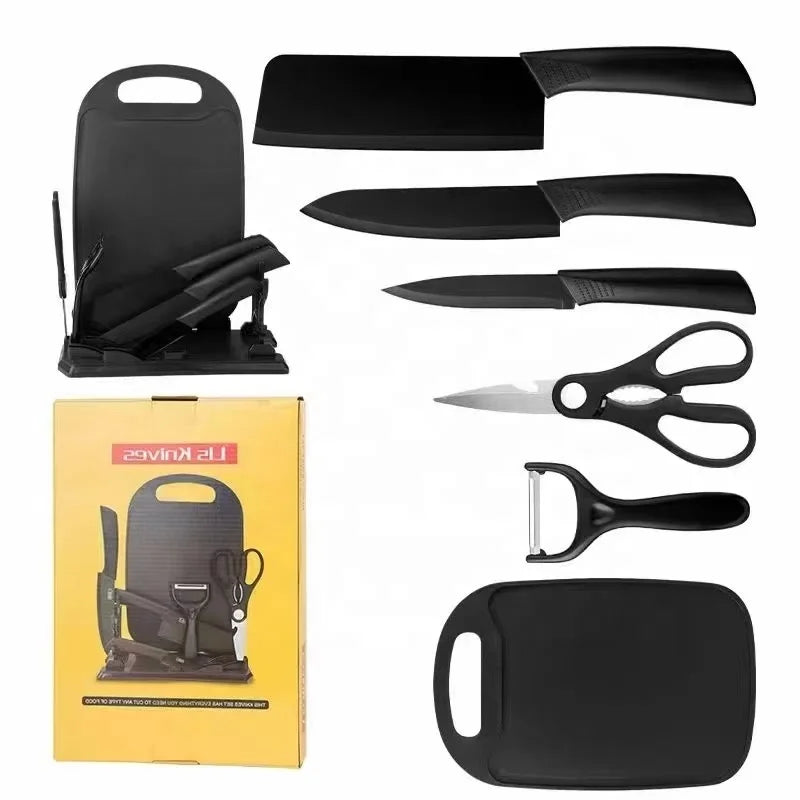 Factory Wholesale 7 Piece Black Kitchen Chef Knife Set with Cutting Board Stainless Steel Blade PP Handle Customized Logo