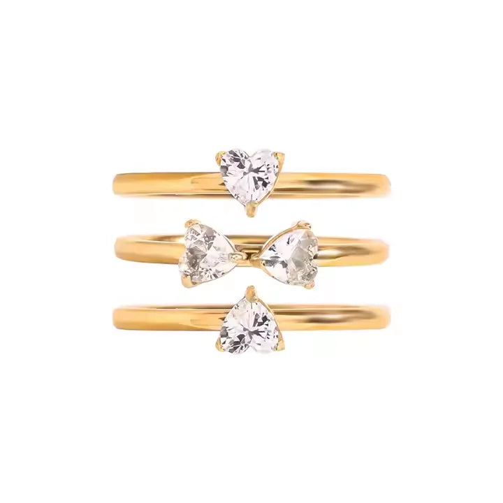 N&S 18K Gold Stainless Steel Heart Clover Stacking Rings for Women Elegant Set of Three with White Zircon