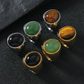 Stainless Steel PVD 18K Gold Gem Stone Inlaid Tiger Eye Black Onyx Agate Green Aventurine Jade Oval Natural Stone Ring for Men