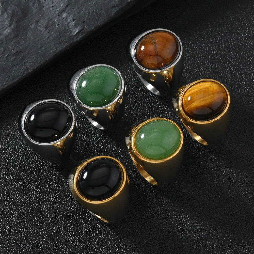 Stainless Steel PVD 18K Gold Gem Stone Inlaid Tiger Eye Black Onyx Agate Green Aventurine Jade Oval Natural Stone Ring for Men