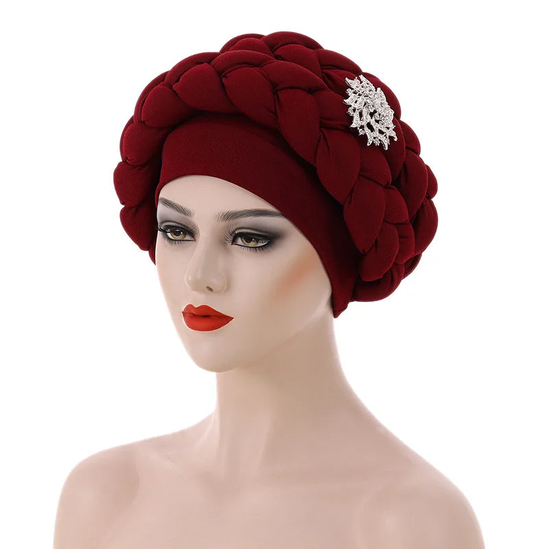 HZM-22372 African Women Turban Cap Beaded Headscarf Elegant Stretch Head Wrap Beanie Auto Braid Hat Pearl Headwrap