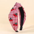CN Fabric Red Check Bow Knot Hairband with Sweet Knitted Cherry Strawberry Headband for Girls Crocheted Accessories