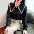 Autumn Women Solid Black Blouse Short Sleeve Casual Shirt Korean BF Style Chic Loose Tops Vintage Summer Button 8708##