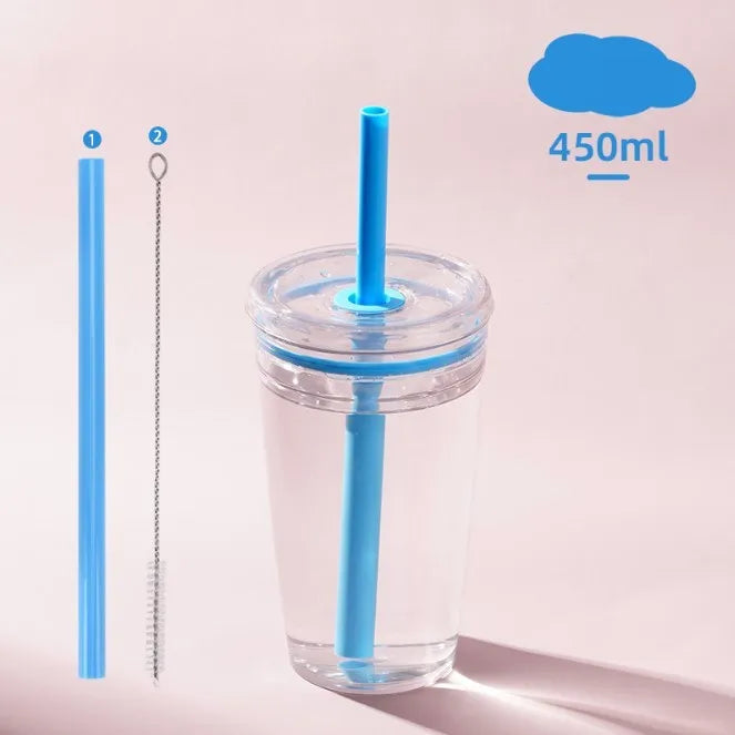 Customize logo New Tritan Cups 450ml Single Wall Straw Cup Milk Tea Plastic Cup Coffee Mugs With Multi-Colored Candy Straw