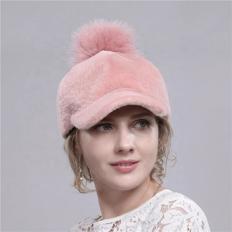 Factory Price Winter Baseball Wool Cap for Ladies 100% Real Shearling Fur with Racoon Fur Pom Pom Ball Household Sundries