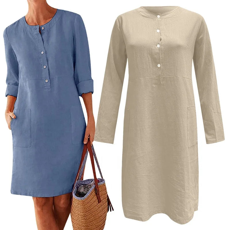 Plus Size Womens Cotton Linen Dresses Oversized T Shirt Kaftan Top Roll up Sleeve Long Blouse Summer Midi Dress