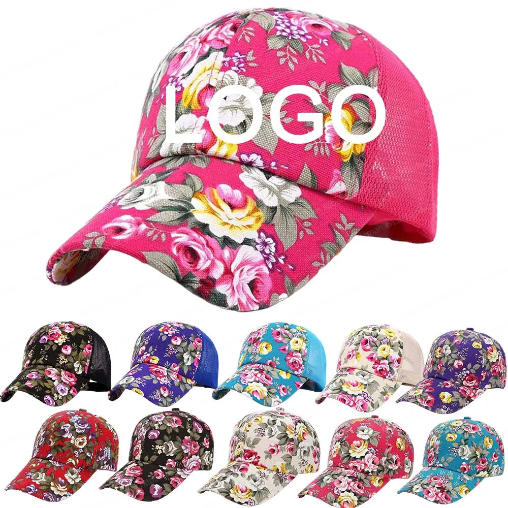 Customized 3D Printed Cotton 5 Panel Embroidery Logo Wholesale Flower Sports Hats Baseball Caps for Men Women