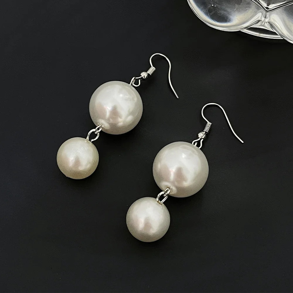 2023 Exaggerated Women Silver Plated Pearl Earrings Double Fresh Water Pearl Drop Earrings Vintage Jewelry