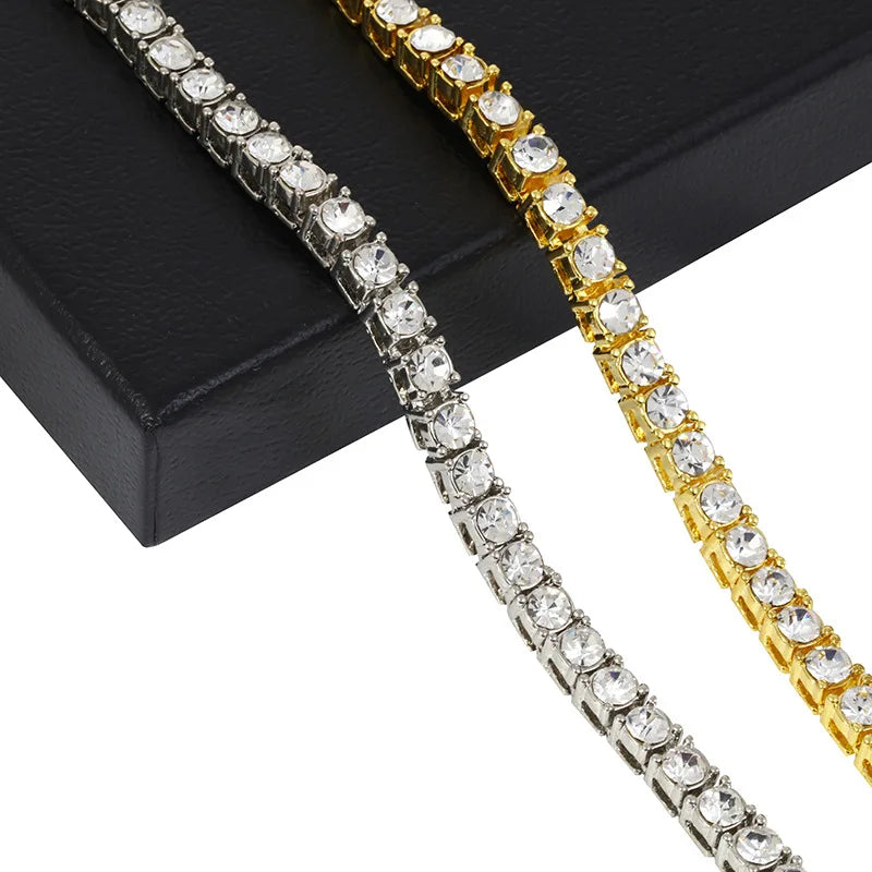 European and American Trend Hip Hop Tennis Chain Single Row 6mm Alloy Rhine-diamond Chain Gold Silver Simple Collar Straight sup