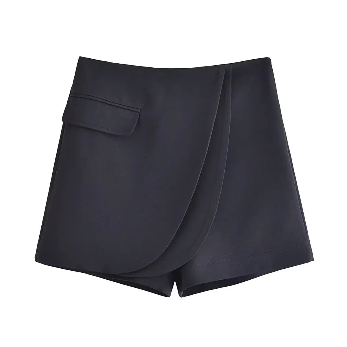 2024 Spring New Retro Style Fashion Patchwork Waist Contrast Simple Black Asymmetrical Ladies Shorts Pants Casual
