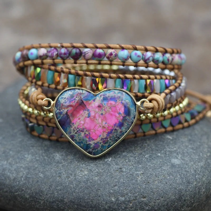 Bohemian Handmade Imperial Heart Multilayer Leather Wrap Natural Stone Bead Bracelet SKB001