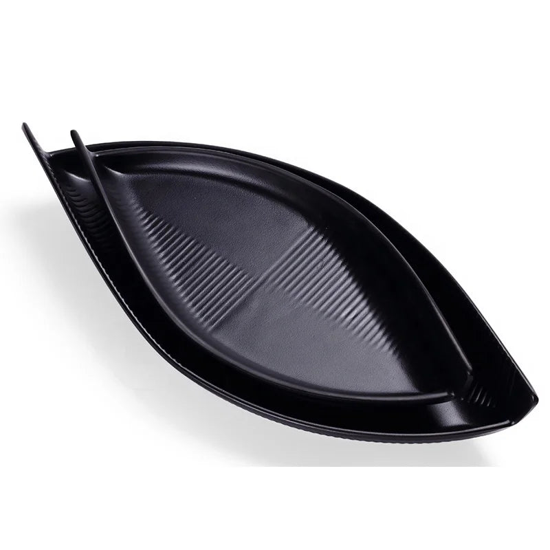 Unbreakable Japanese Restaurant Dinnerware Set Boat Shape Black Melamine Sushi Plate