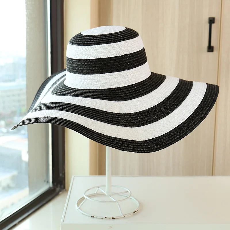 Wholesale Classic Big Brim Floppy Hat Black and White Striped Beach Straw Hat