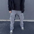 Custom Label Trousers for Men Drop Ship Streetwear Stock  Cargo Flare Denim Pants Mens Strapped Jeans