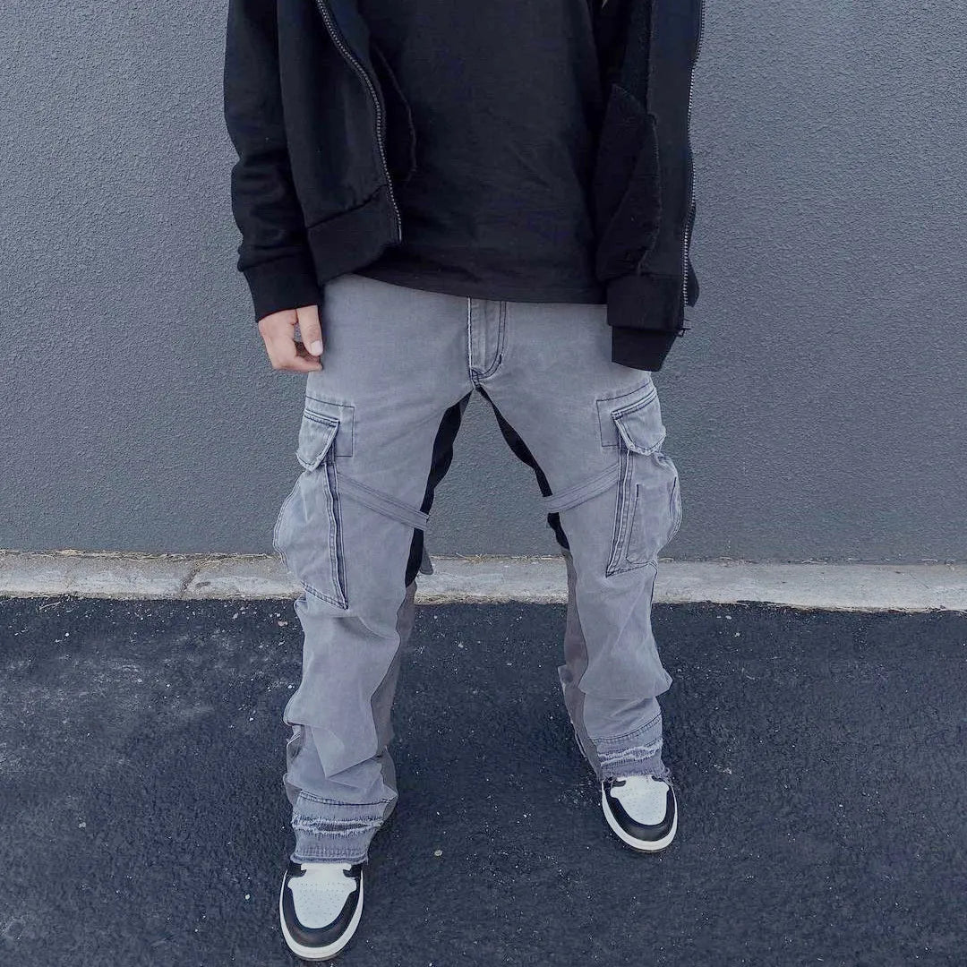 Custom Label Trousers for Men Drop Ship Streetwear Stock  Cargo Flare Denim Pants Mens Strapped Jeans
