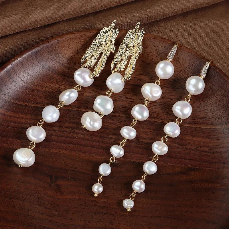 Vintage Baroque Natural Freshwater Pearl Earrings Copper Plated Irregular Tassel Long Handmade Pearl Earrings