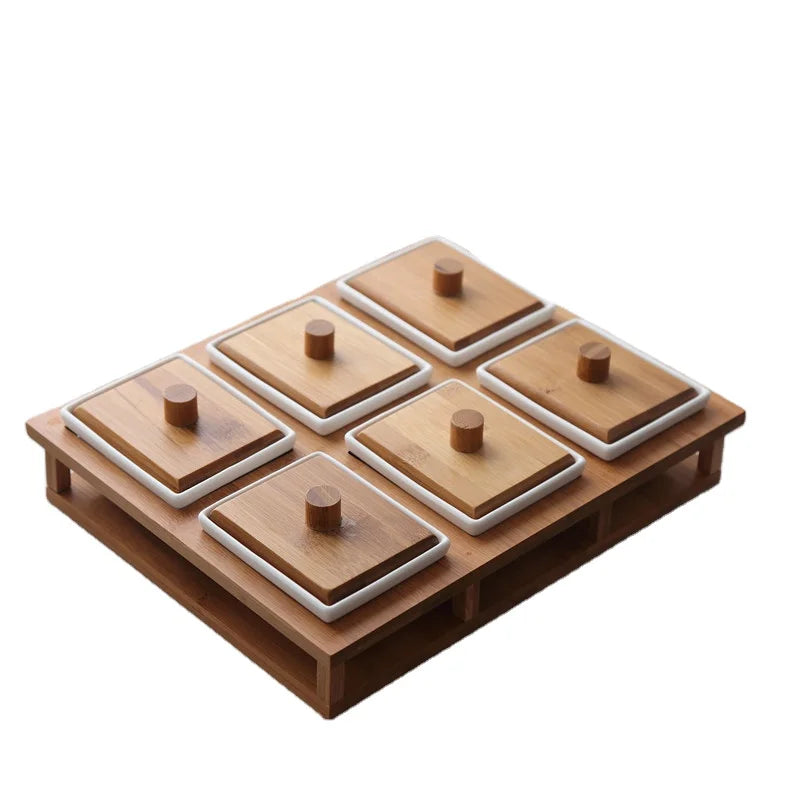 Bamboo and Ceramic Multi Grid Seasoning Box Dried Fruit Tray Bamboo Snack Plate Dessert Dish
